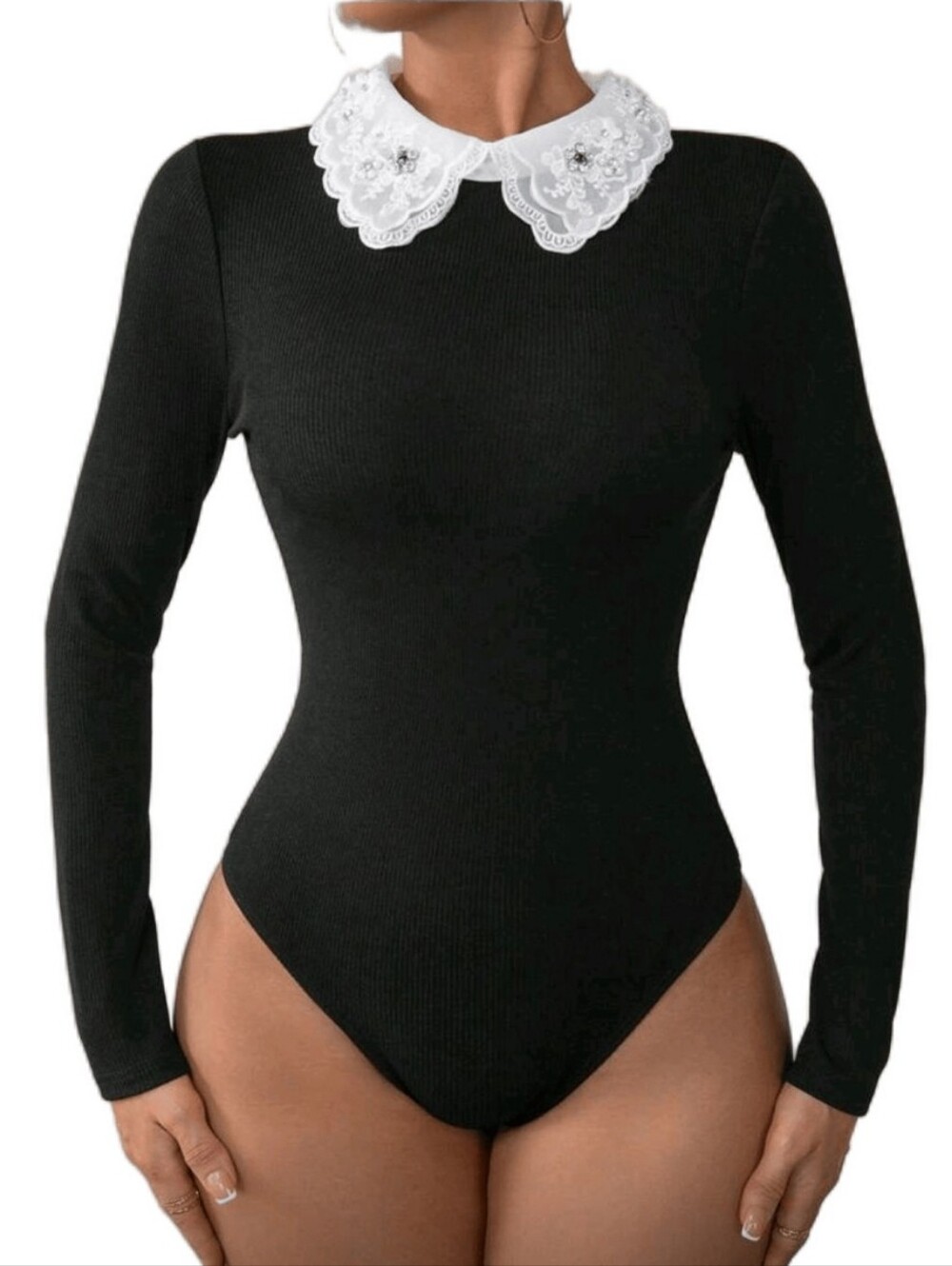 Black Long-Sleeve Bodysuit with White Lace Peter Pan Collar